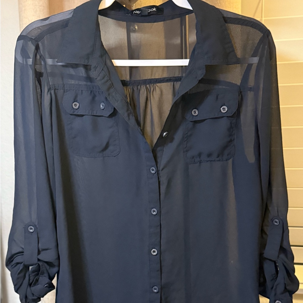 New Look Blue Sheer Button Down Blouse with Notched Collar